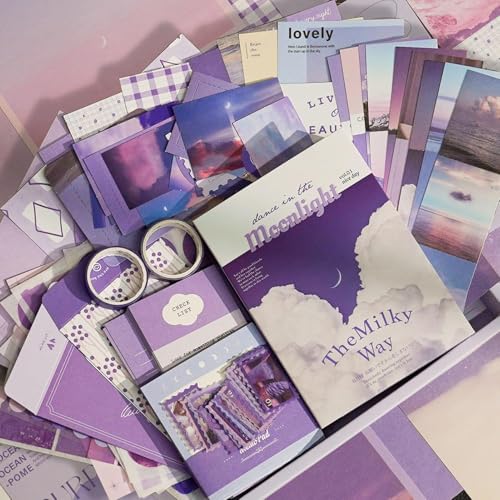 GDNK 348 Pcs Aesthetic Scrapbook & Journal Kit DIY Journaling Supplies, A6 Grid Notebook with Graph Ruled Pages, Craft Gift for Girls & Kids (Purple Moonlight) - Image 3