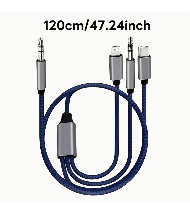 3 In 1 Car Audio Cable For iPhone Type C Aux 3.5mm Male To USB C Adapter With Charging Braided - Image 1