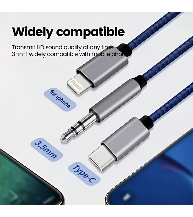 3 In 1 Car Audio Cable For iPhone Type C Aux 3.5mm Male To USB C Adapter With Charging Braided - Image 3