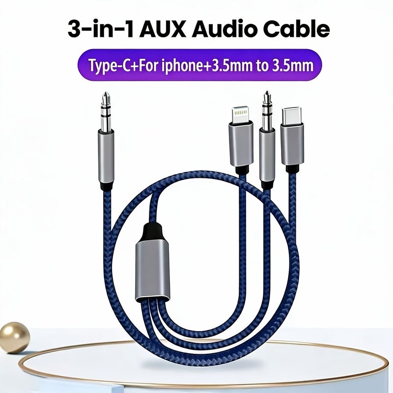 3 In 1 Car Audio Cable For iPhone Type C Aux 3.5mm Male To USB C Adapter With Charging Braided - Image 5