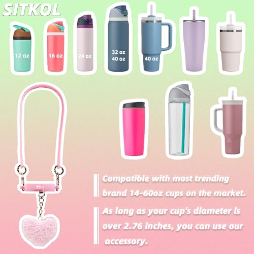 SITKOL Handle Strap with Heart Charms for Owala & Stanley Cups, for Owala Water Bottle 24oz, 32oz, 40oz, Owala Coffee Tumbler, Pink Owala, Stanley 30oz, 40oz Tumblers, Stanley & Owala Accessories (Pink) - Image 2