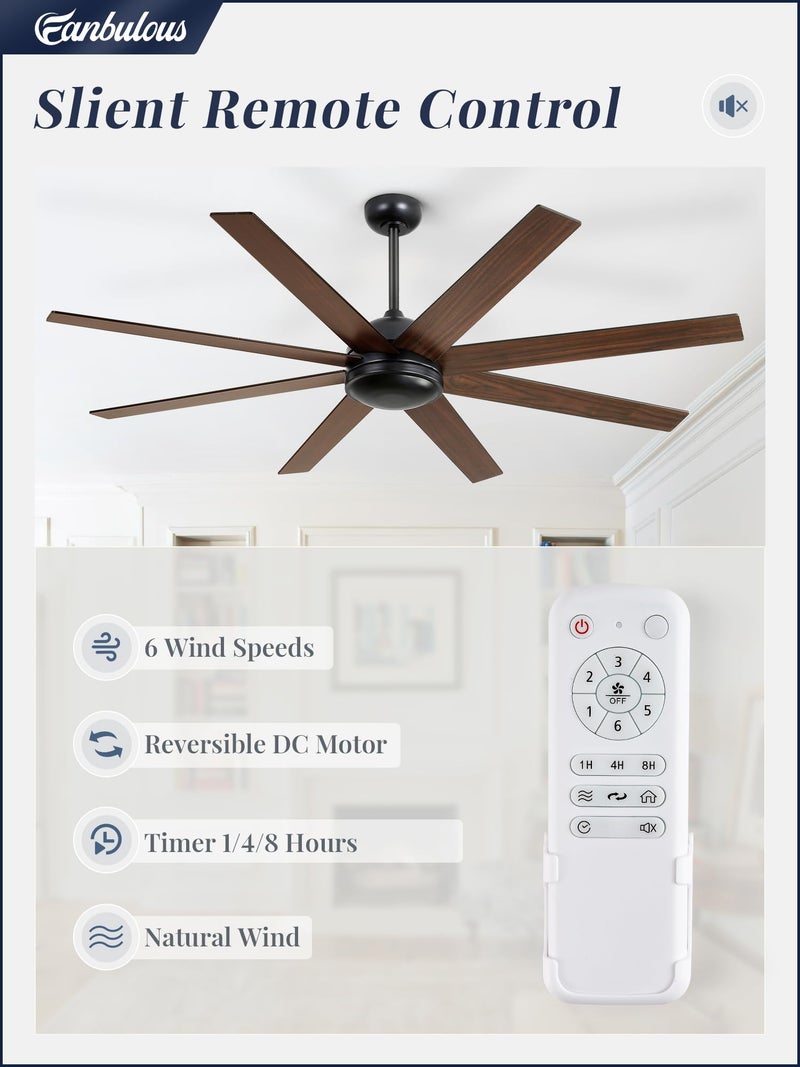 Fanbulous 65 Inch Ceiling Fans No Light with Remote, Black Indoor/Outdoor Ceiling Fan Without Light with Quiet Reversible DC Motor, 6 Speeds, 8 Blades Large Ceiling Fan for Living Room Bedroom Patio - Image 2