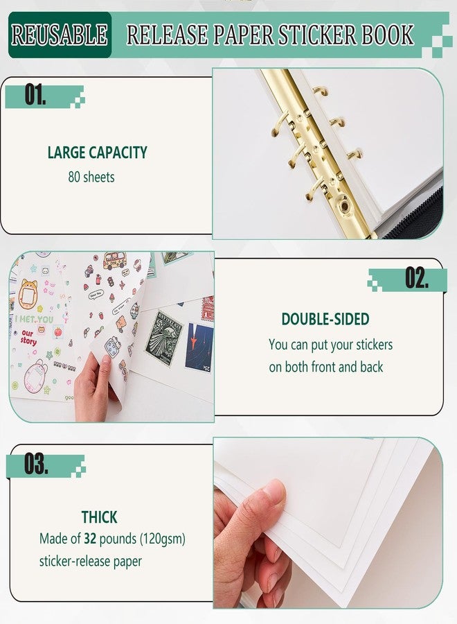 MANWU Reusable Sticker Book Organizer Binder with Zipper Closure, PU Leather Release Paper Sticker Collecting BookAlbum Storage Collection 80 Sheets Double-Sided Blank Release Paper (Green) - Image 2