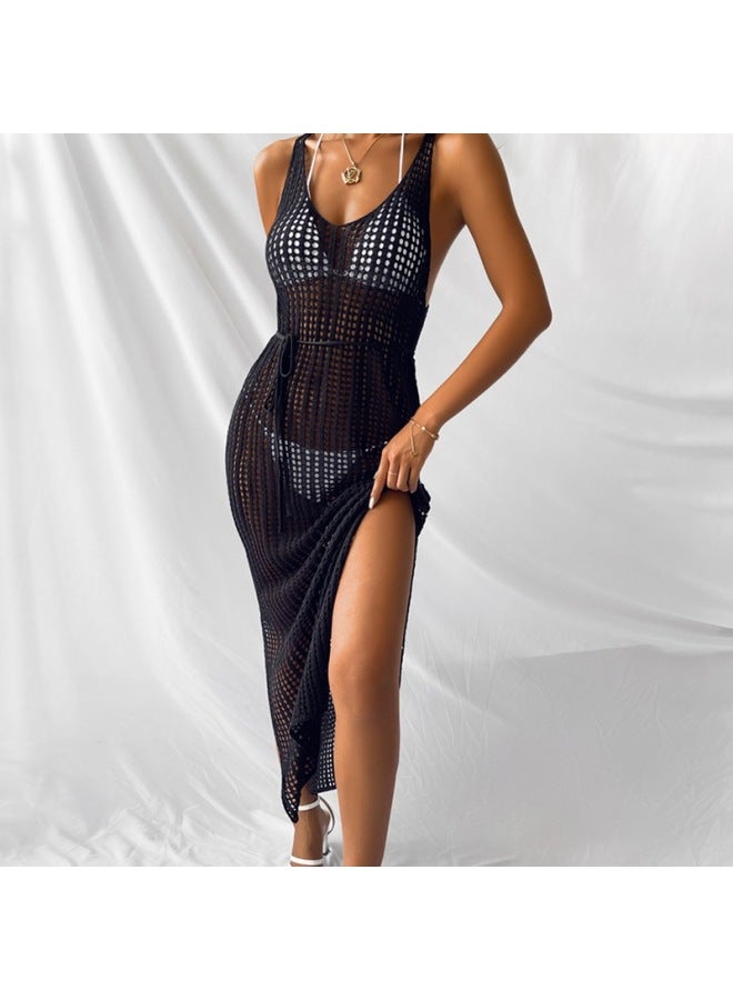 Loquat European And American Beach Hollow-out Backless Knitted Jumpsuit Women's Seaside Vacation Bikini Mesh Outer Blouse-Color:Black- - Image 1