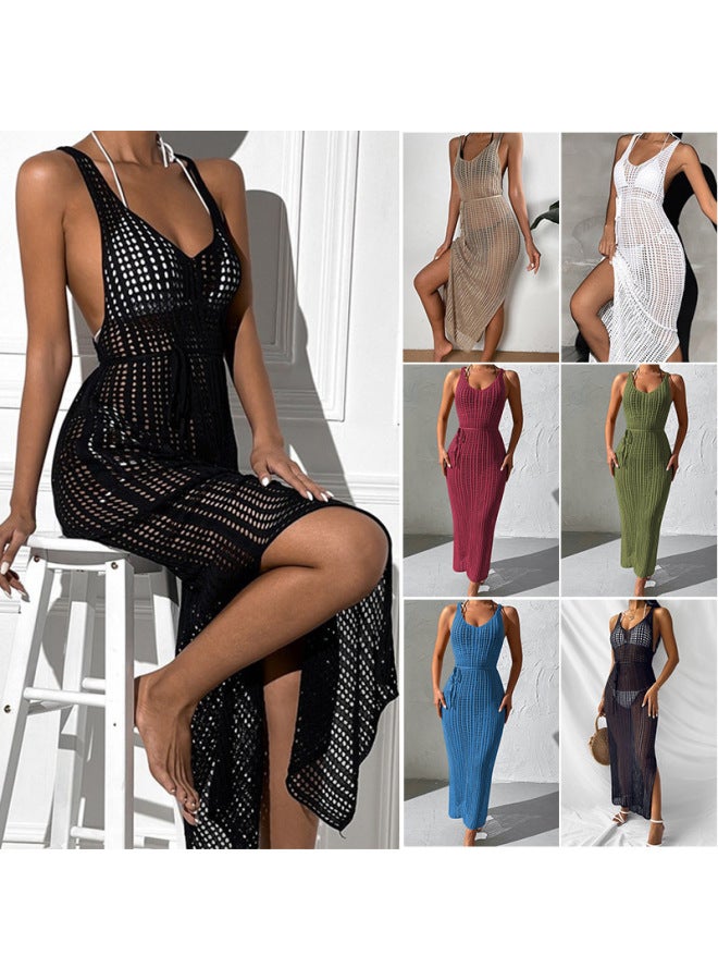 Loquat European And American Beach Hollow-out Backless Knitted Jumpsuit Women's Seaside Vacation Bikini Mesh Outer Blouse-Color:Black- - Image 2