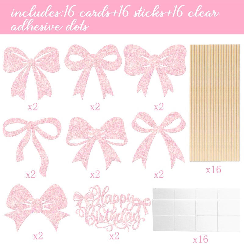 umoni Bow Birthday Centerpiece Sticks 16pcs Pink Decorations Bow Party Table Topper Centerpieces Coquette Birthday Table Decorations for Girls Bowknot Bachelorette Party Supplies - Image 3