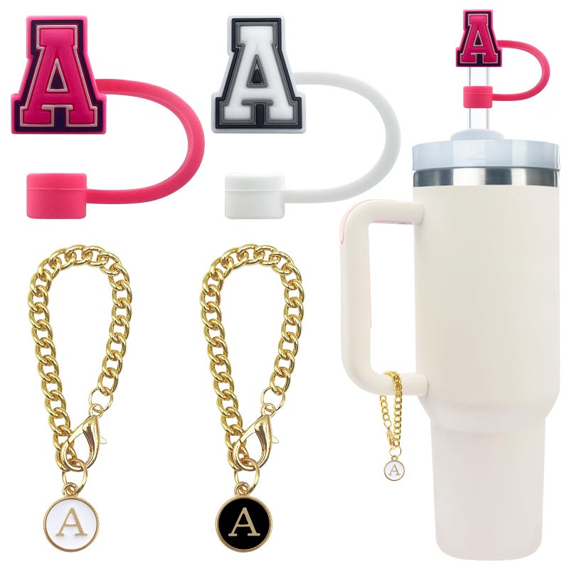 Velaco 4 PCS Initial Letter Charm Accessories and Straw Cover Pack Chains with Initial Letter for Stanley 20 30 40 oz Tumbler with Handle