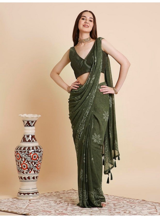 RATAN Women's Georgette Batik Printed Saree with Unstitched Blouse Piece (CHMP-BP-21868_Green) - Image 3