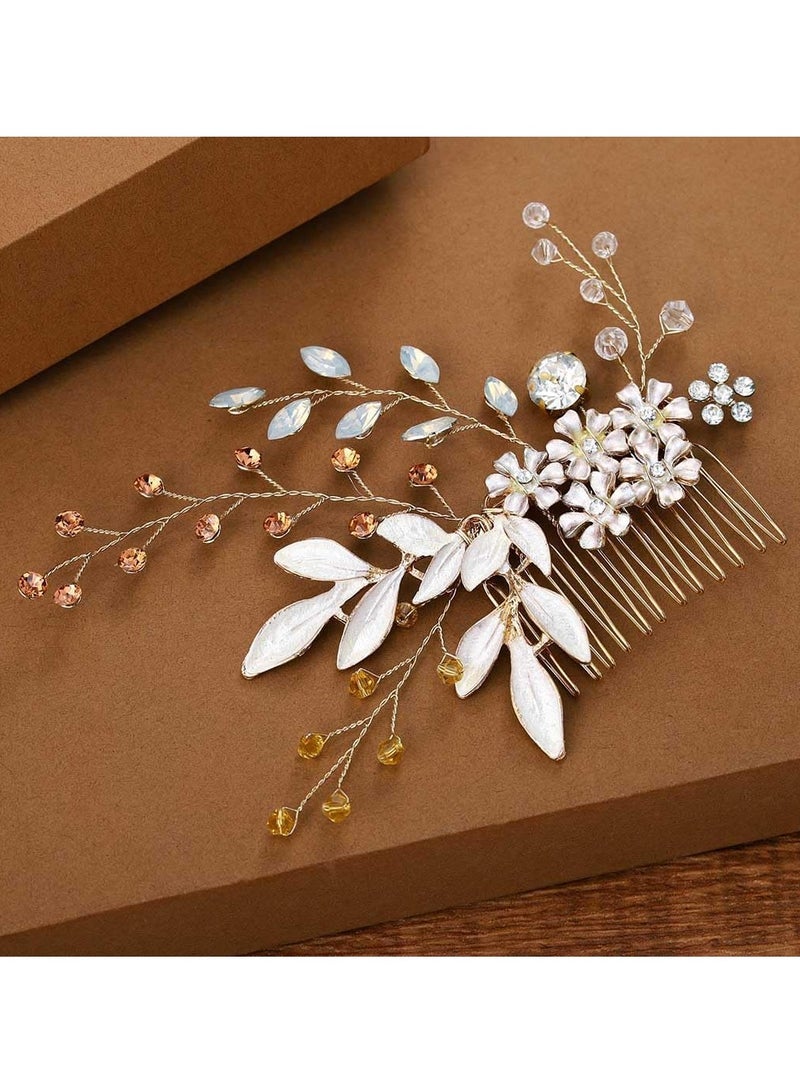 KASTWAVE Gold Wedding Hair Comb, Flower Rhinestone Headpieces Leaf Bride Hair Pieces Bridesmaid Side Hair Combs for Women and Girls - Image 4