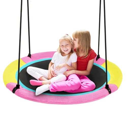 HOTJUMP 40 Inch Saucer Tree Swing for Kids Outdoor Textilene Fabric Tear UV Resistant Waterproof Round Disc Circle Swing Set for Backyard Garden Pink - Image 1