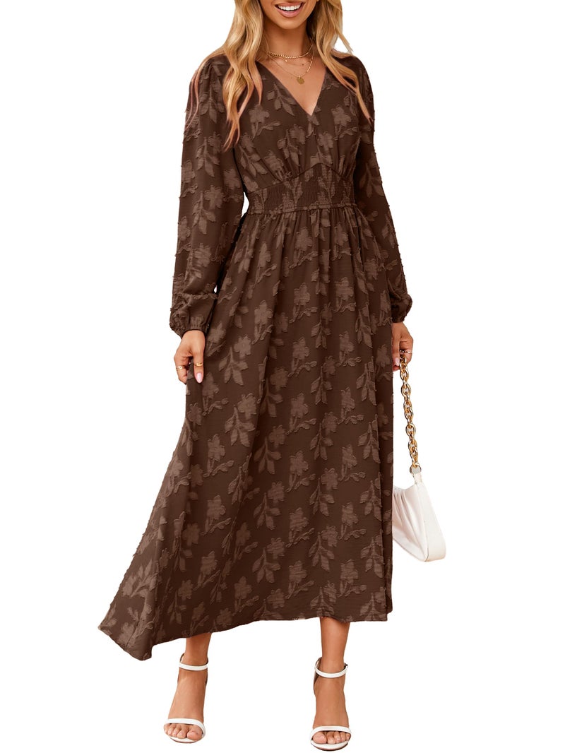 Simplee Womens Boho Floral Long Sleeve Maxi Dress V Neck Empire Waist Fall Wedding Guest Dresses with Pockets Chocolate Brown M - Image 1