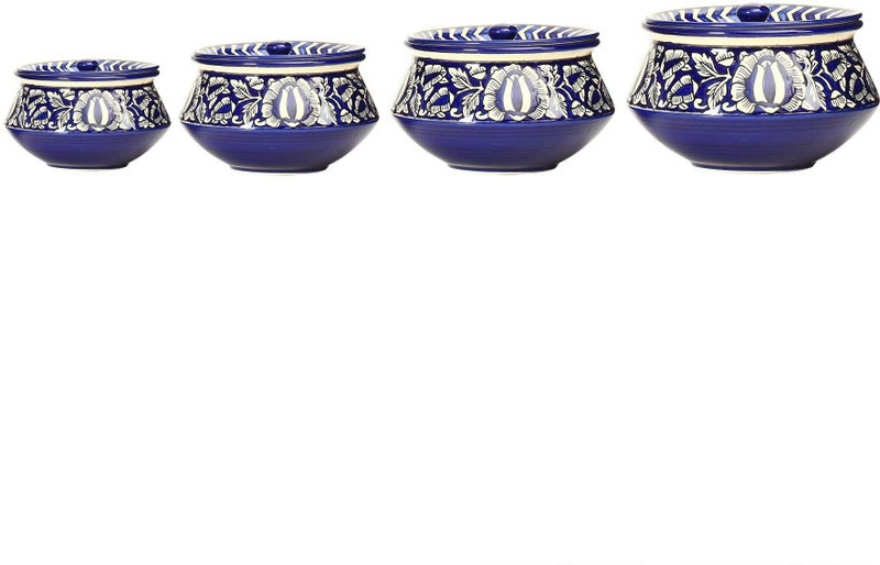 Caffeine Ceramic Handmade Blue Mughal Serving Handi with Lid (Set of 4) Microwave Safe & Dishwasher Safe - Image 2