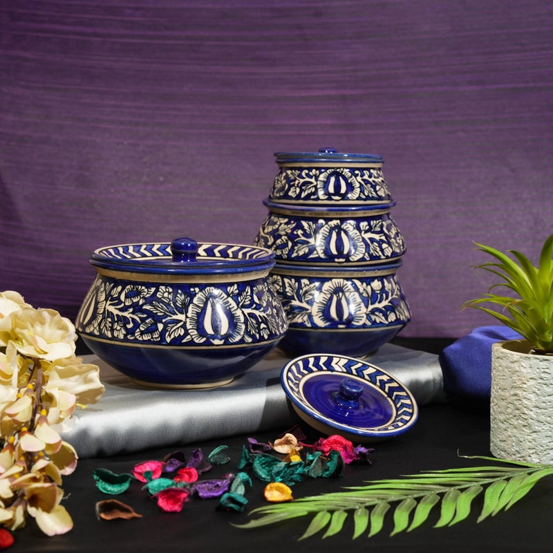 Caffeine Ceramic Handmade Blue Mughal Serving Handi with Lid (Set of 4) Microwave Safe & Dishwasher Safe - Image 1