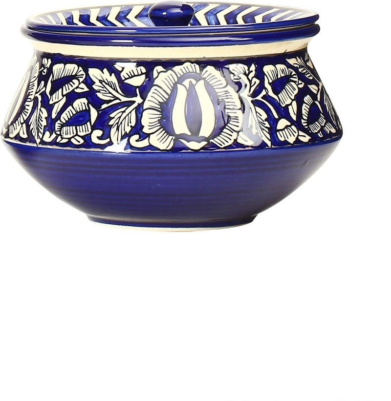 Caffeine Ceramic Handmade Blue Mughal Serving Handi with Lid (Set of 4) Microwave Safe & Dishwasher Safe - Image 3