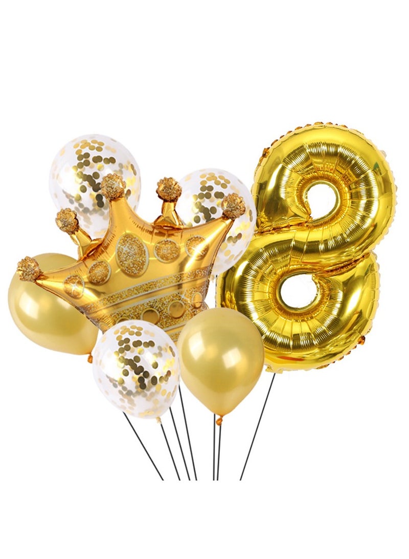 Party 8-piece set for 8st birthday party anniversary decoration party supplies includes gold number 8 balloon, large gold crown foil balloon set, 12-inch sequin balloon, 12-inch gold balloon  - Image 1