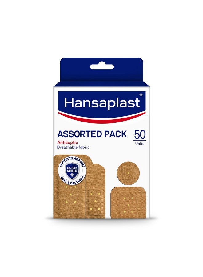 Hansaplast Antiseptic Plasters In Various Shapes & Sizes | Pack Of 50 Units | First Aid Kit | Breathable Fabric | Home Essential Kit | Antiseptic Wound Pad  - Image 1