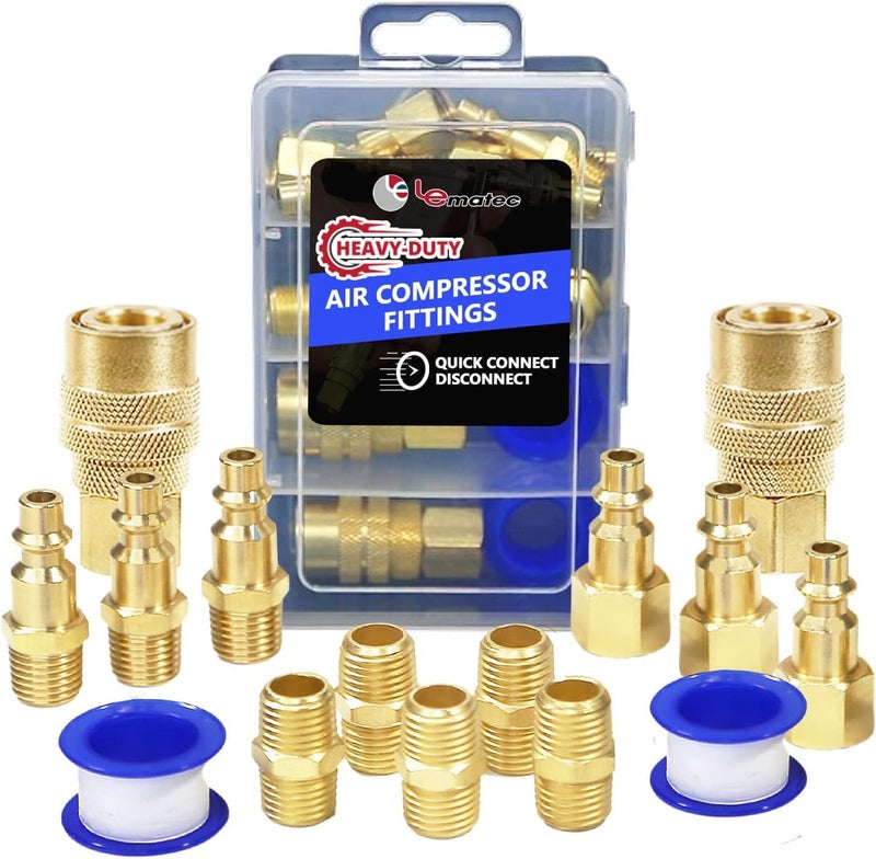 LE LEMATEC طقم توصيل خرطوم ضاغط الهواء 15 قطعة مع علبة تخزين، توصيلات سريعة 1/4" NPT، موصلات نحاسية صلبة عالية التدفق، 3 قابسات ذكر و 3 قابسات أنثى + 5 قابسات ذكر إلى ذكر - Image 1