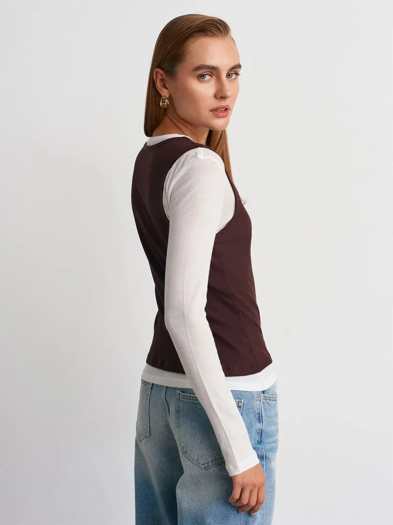 ديلفين Dilvin Fitted Cotton Crew Neck Long Sleeve Blouse