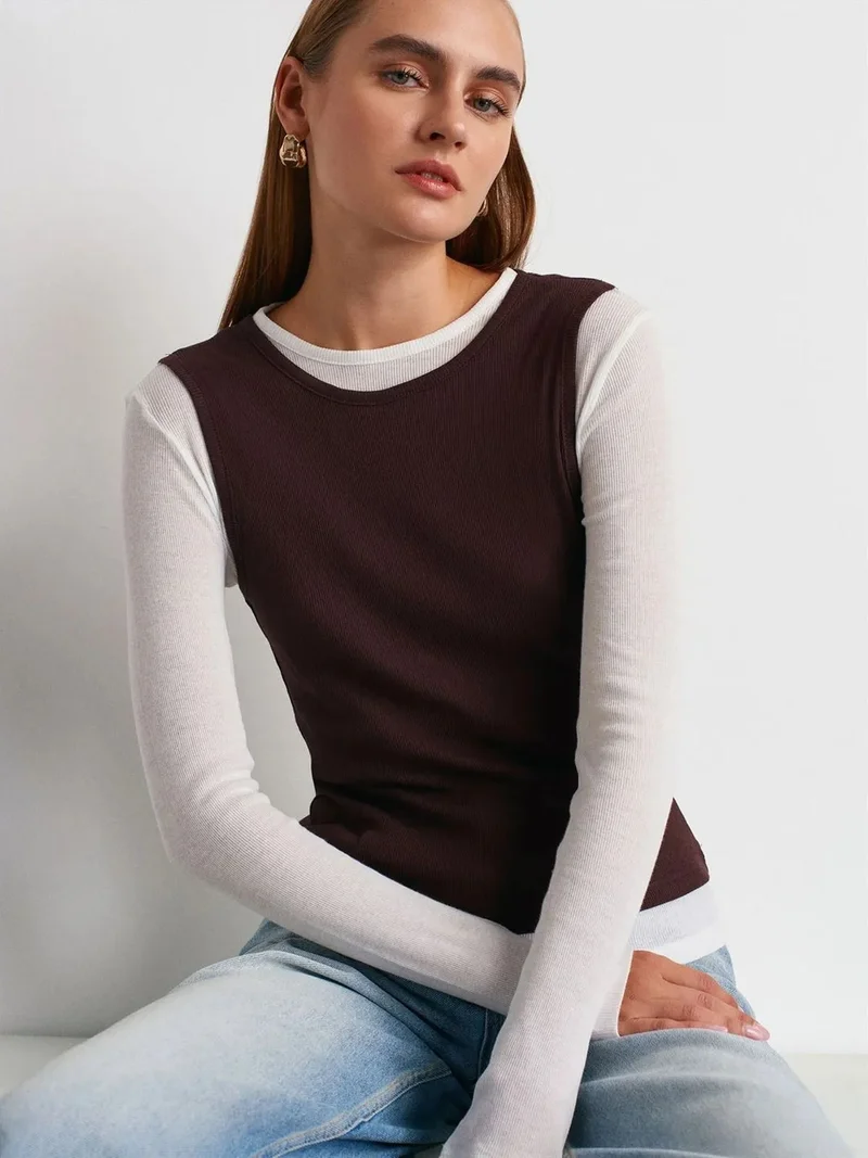 ديلفين DILVIN Fitted Cotton Crew Neck Long Sleeve Blouse