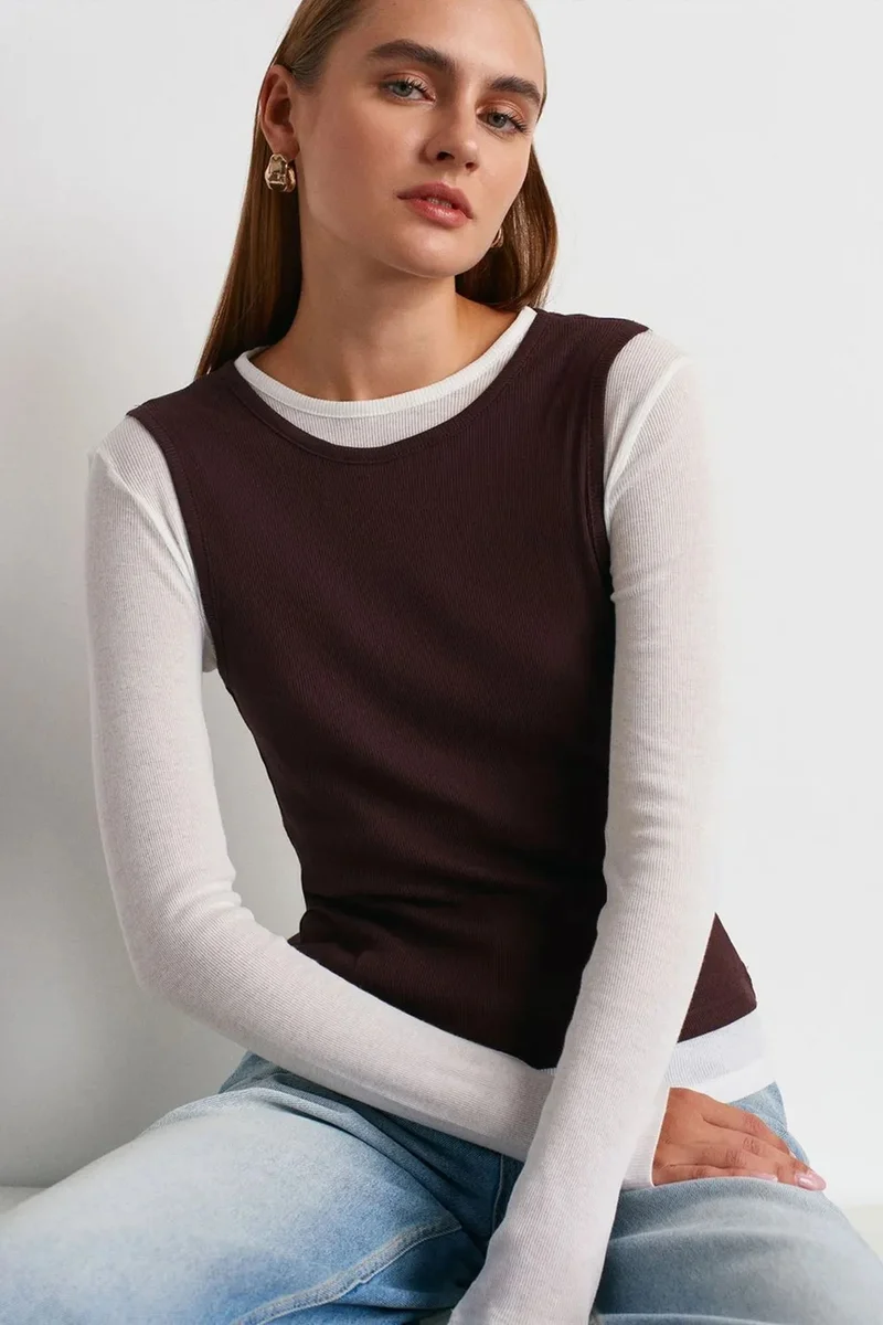 DILVIN Fitted Cotton Crew Neck Long Sleeve Blouse