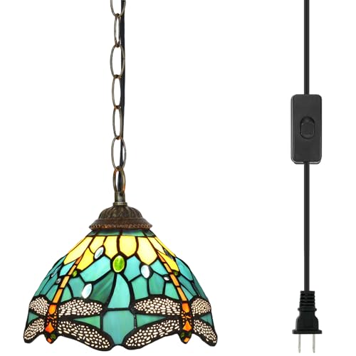 Blivuself Tiffany Pendant Light with 8 Inch Lampshade Green Dragonfly Style Hanging Light Fixture Handmade Stained Glass Hanging Lamp Height Adjustable for Kitchen Island Dining Room Hallway - Image 1