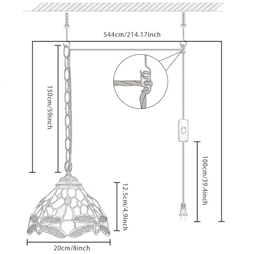 Blivuself Tiffany Pendant Light with 8 Inch Lampshade Green Dragonfly Style Hanging Light Fixture Handmade Stained Glass Hanging Lamp Height Adjustable for Kitchen Island Dining Room Hallway - Image 5