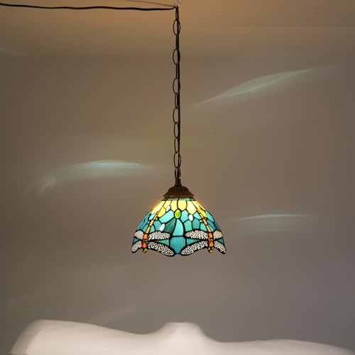 Blivuself Tiffany Pendant Light with 8 Inch Lampshade Green Dragonfly Style Hanging Light Fixture Handmade Stained Glass Hanging Lamp Height Adjustable for Kitchen Island Dining Room Hallway - Image 3