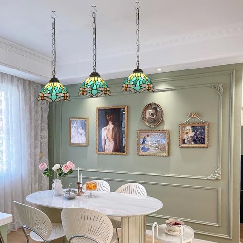 Blivuself Tiffany Pendant Light with 8 Inch Lampshade Green Dragonfly Style Hanging Light Fixture Handmade Stained Glass Hanging Lamp Height Adjustable for Kitchen Island Dining Room Hallway - Image 2