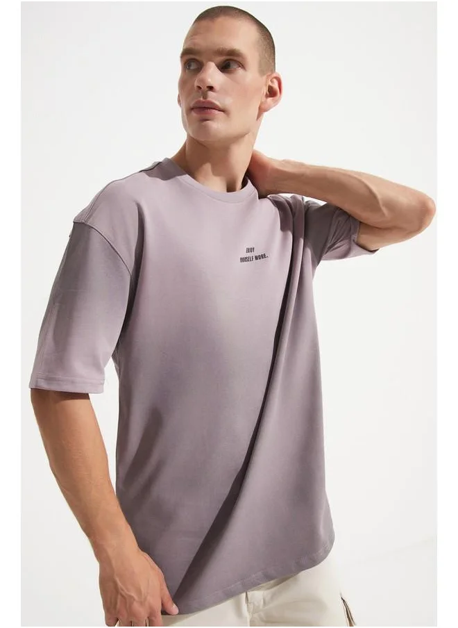 جون June Men Oversize Pattern Crew Neck Striped Tshirt Lilac