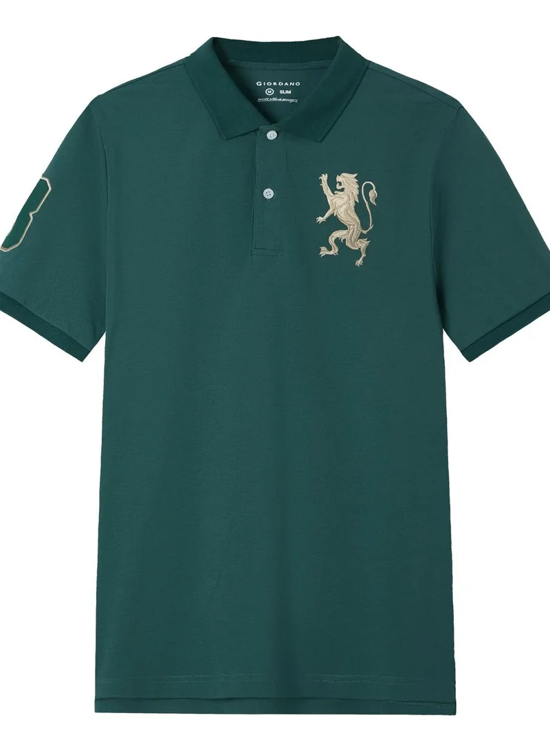 Men’s Slim Fit 3D Lion Embroidery Lycra Pique Polo