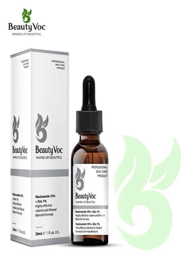BEAUTY VOC Niacinamide 10% + Zinc 1% Serum for Balanced and Clarified Complexion with Vitamin B3 and Zinc to Minimize Pores, Regulate Oil, Enhance Skin Tone, Blemish Reduction and Radiant Skin, 30ml  - Image 1