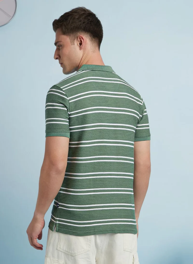 Dennis Lingo Men's Basil And White Cotton Blend Striped Regular Fit T-Shirt