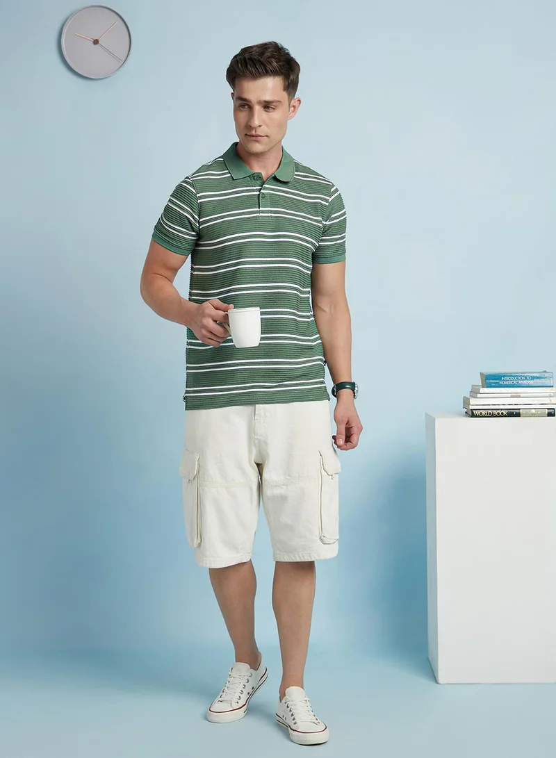 Dennis Lingo Men's Basil And White Cotton Blend Striped Regular Fit T-Shirt
