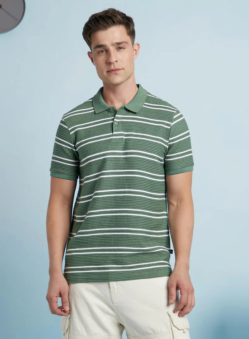 Dennis Lingo Men's Basil And White Cotton Blend Striped Regular Fit T-Shirt