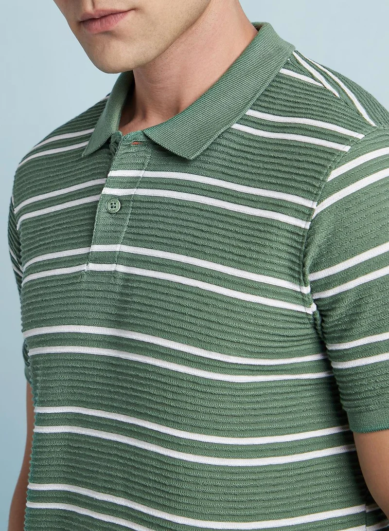 Dennis Lingo Men's Basil And White Cotton Blend Striped Regular Fit T-Shirt