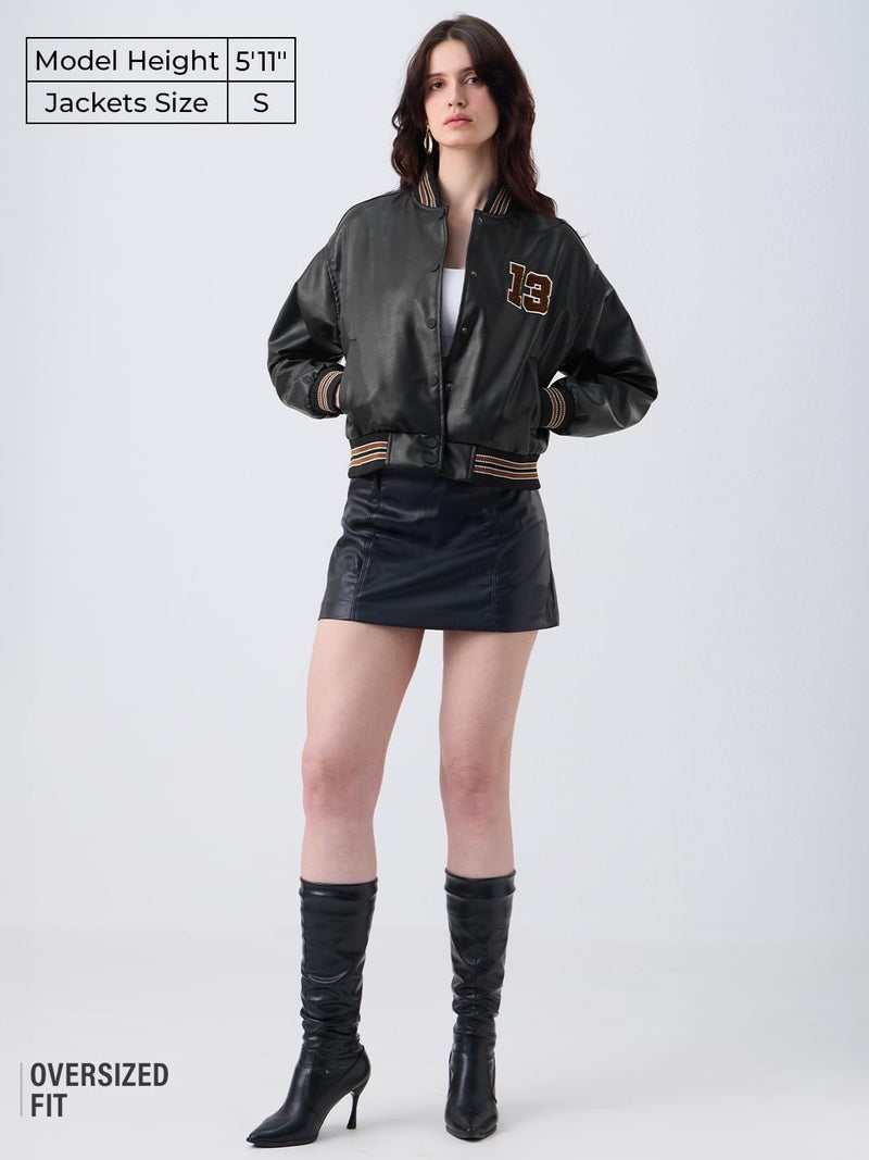 The Souled Store Varsity Jacket: Phantom Women and Girls Full Sleeves Mandarin Collar Black Solid Polyester Towelling Embroidery Winter Casual Oversized Vasity Jacket - Image 2