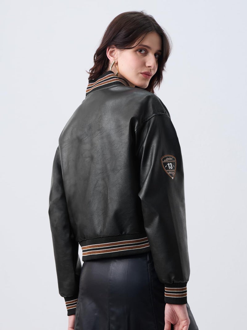 The Souled Store Varsity Jacket: Phantom Women and Girls Full Sleeves Mandarin Collar Black Solid Polyester Towelling Embroidery Winter Casual Oversized Vasity Jacket - Image 4