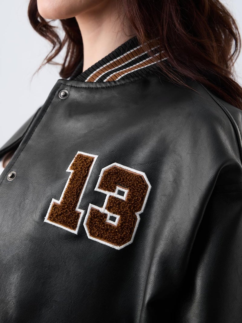 The Souled Store Varsity Jacket: Phantom Women and Girls Full Sleeves Mandarin Collar Black Solid Polyester Towelling Embroidery Winter Casual Oversized Vasity Jacket - Image 3