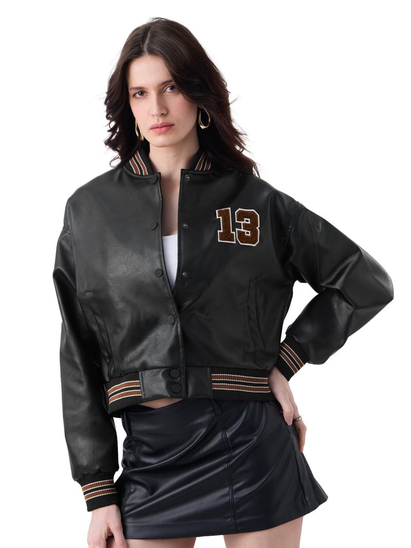 The Souled Store Varsity Jacket: Phantom Women and Girls Full Sleeves Mandarin Collar Black Solid Polyester Towelling Embroidery Winter Casual Oversized Vasity Jacket - Image 1