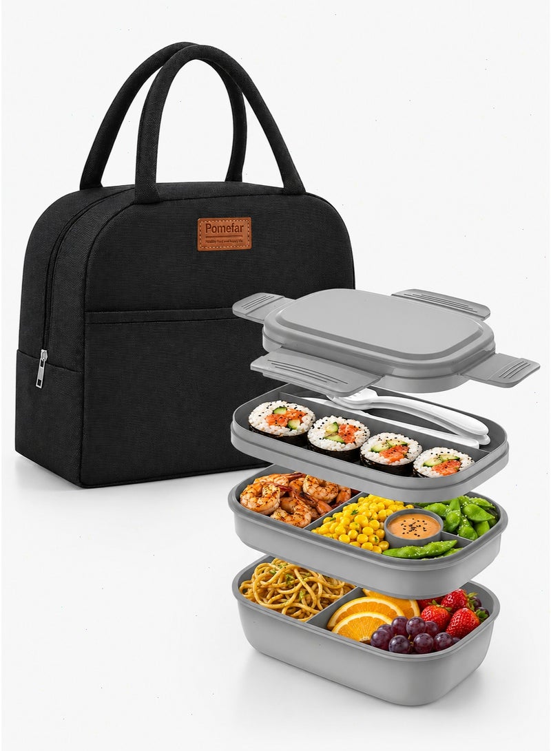 Pomefar 3-Layer Stackable Bento Lunch Box Set With Carry Bag and Cutlery, 1900 ml, Grey - Image 1