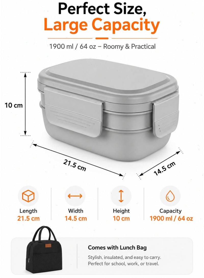 Pomefar 3-Layer Stackable Bento Lunch Box Set With Carry Bag and Cutlery, 1900 ml, Grey - Image 2