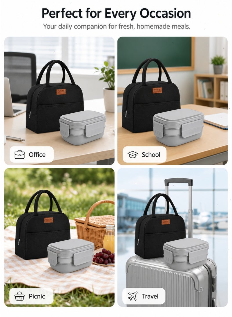 Pomefar 3-Layer Stackable Bento Lunch Box Set With Carry Bag and Cutlery, 1900 ml, Grey - Image 4