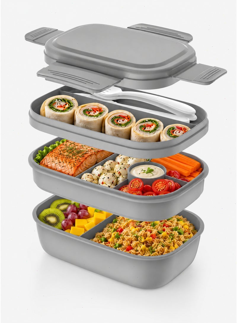 Pomefar 3-Layer Stackable Bento Lunch Box Set With Carry Bag and Cutlery, 1900 ml, Grey - Image 5