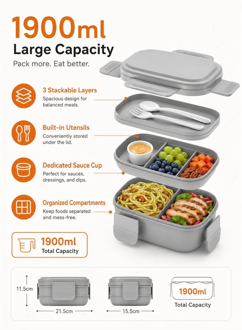 Pomefar 3-Layer Stackable Bento Lunch Box Set With Carry Bag and Cutlery, 1900 ml, Grey - Image 3