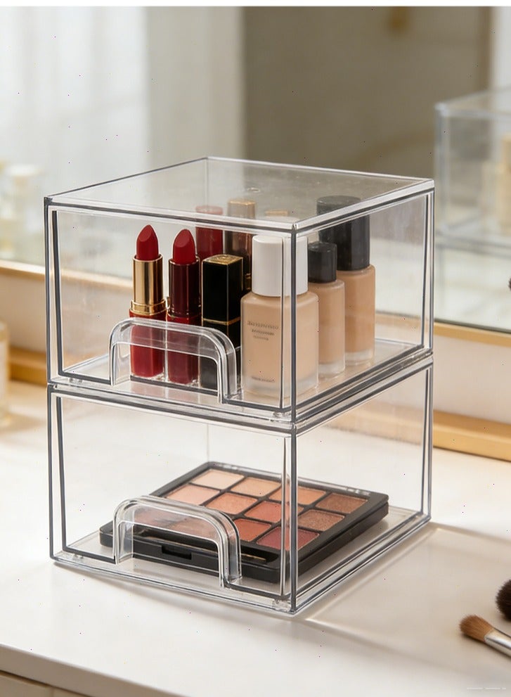 يواوليتي منظم مكياج، أدراج تخزين قابلة للتكديس، درج مستحضرات تجميل قابل للسحب، صندوق عرض منزلي شفاف، صندوق تخزين مستحضرات تجميل مقاوم للغبار (عبوتان) - Image 1