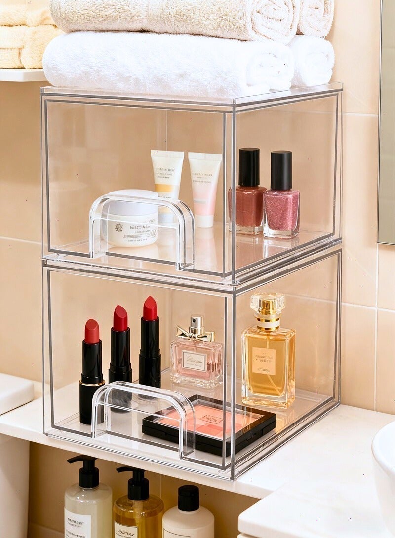يواوليتي منظم مكياج، أدراج تخزين قابلة للتكديس، درج مستحضرات تجميل قابل للسحب، صندوق عرض منزلي شفاف، صندوق تخزين مستحضرات تجميل مقاوم للغبار (عبوتان) - Image 4