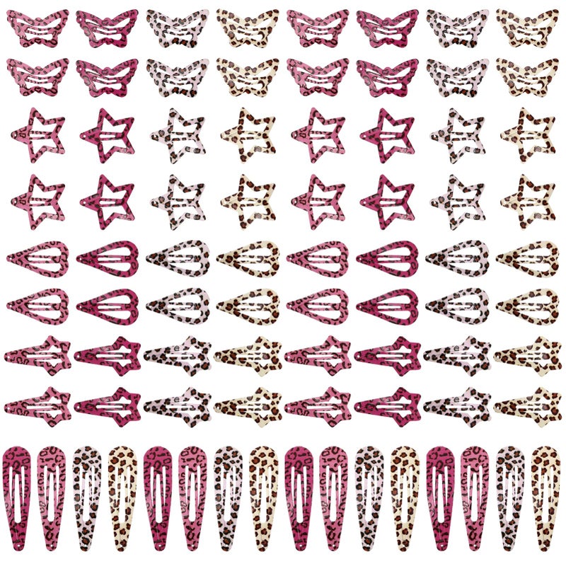ZhouBoat 80 Pcs Metal Snap Hair Clips, Colorful Y2K Star Hair Barrettes Butterflies Hearts Water Drop Snap Hair Clips for Women, Pink and Brown Leopard Print, 5 Styles - Image 1