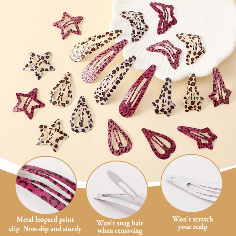 ZhouBoat 80 Pcs Metal Snap Hair Clips, Colorful Y2K Star Hair Barrettes Butterflies Hearts Water Drop Snap Hair Clips for Women, Pink and Brown Leopard Print, 5 Styles - Image 4