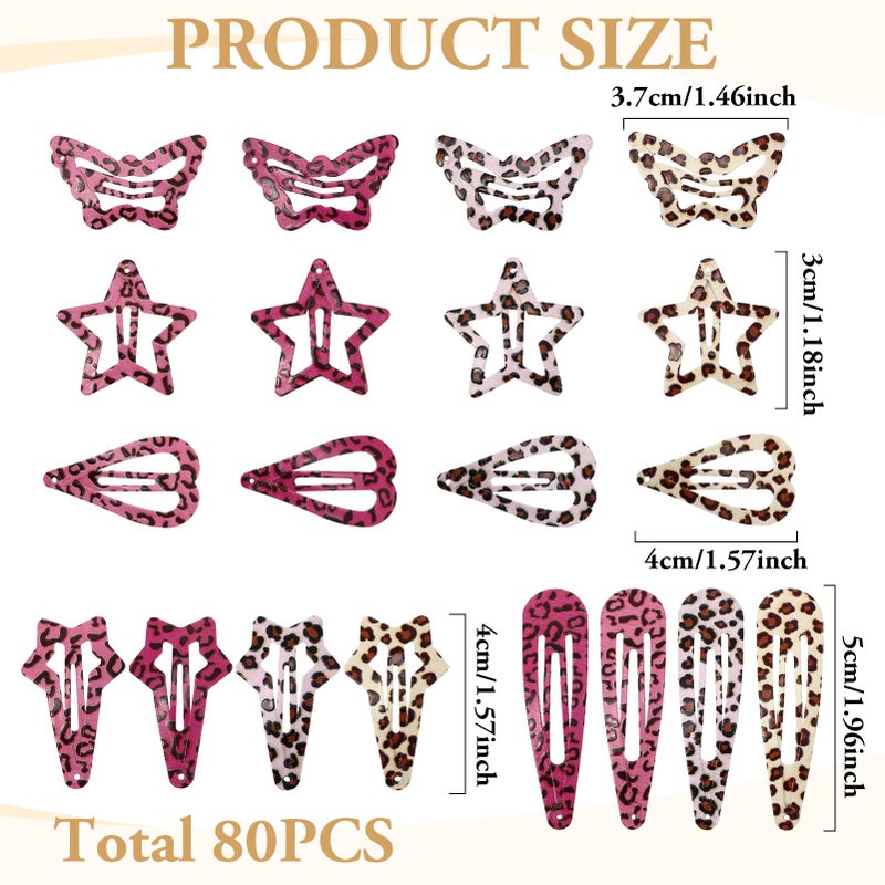 ZhouBoat 80 Pcs Metal Snap Hair Clips, Colorful Y2K Star Hair Barrettes Butterflies Hearts Water Drop Snap Hair Clips for Women, Pink and Brown Leopard Print, 5 Styles - Image 2