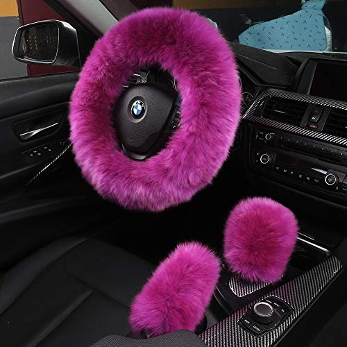 AOGELAN 3Pcs Set Fashion Fluffy Fuzzy Wool Fur Soft Car Steering Wheel Cover with Handbrake Cover & Gear Shift Cover for Women/Girls/Ladies Auto Long Wool Accessories - Image 1